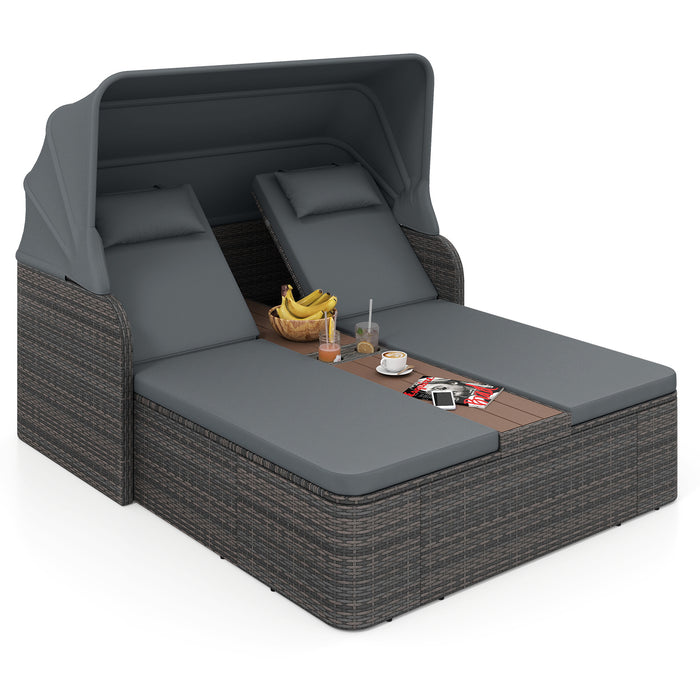 Rattan Double Daybed with Retractable Sunshade and Adjustable Backrests-Beige