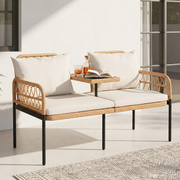 Rattan Jack and Jill Seat with Built-In Table and Cushions for Patio Balcony-