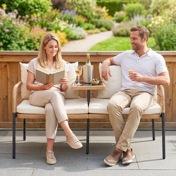 Rattan Jack and Jill Seat with Built-In Table and Cushions for Patio Balcony-