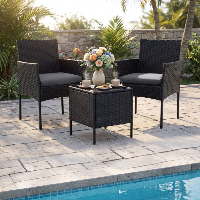 Garden Furniture Set 3-piece Rattan Balcony Furniture Set with 2 Cushioned Chairs-Beige
