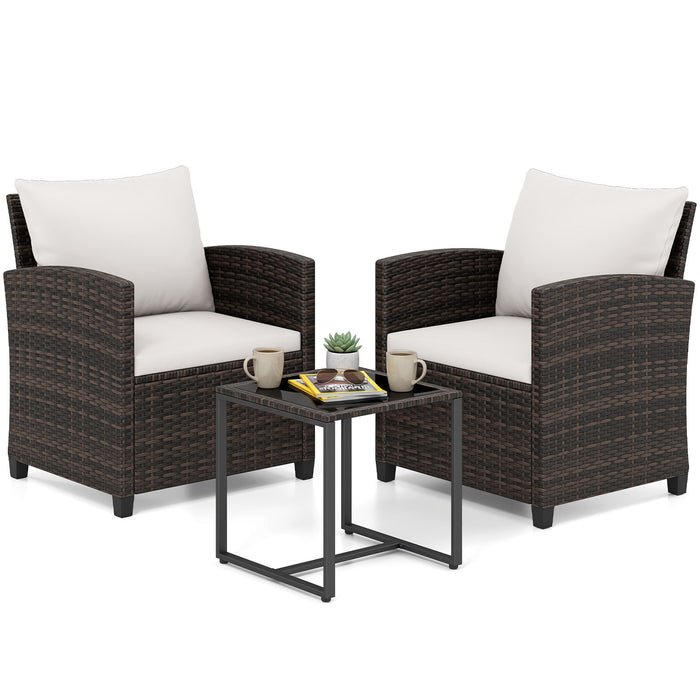 3 Pieces PE Rattan Wicker Outdoor Bistro Conversation Set with Soft Cushions-