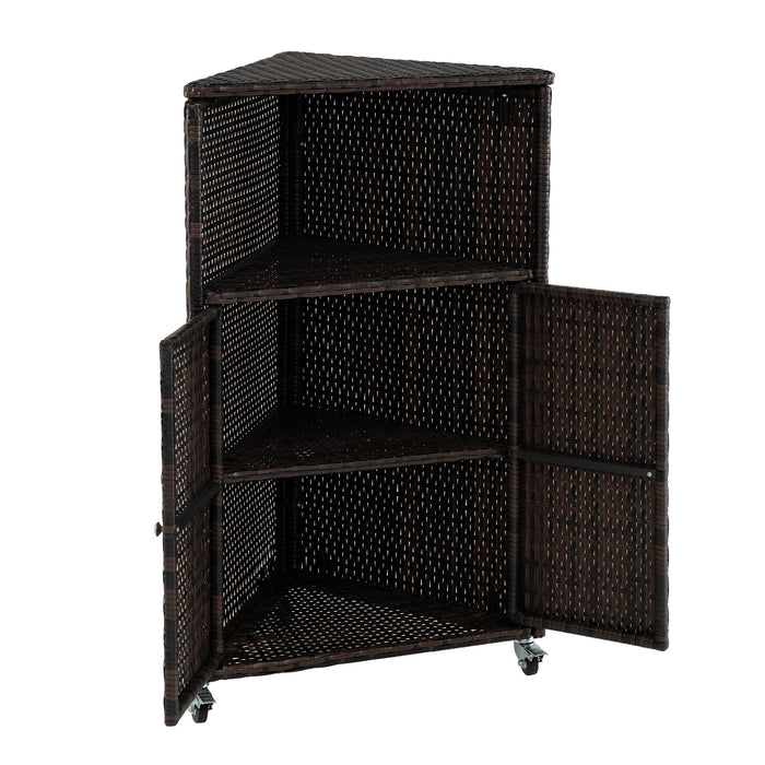 Outdoor Rattan Storage Cabinet with Shelves and 2 Doors and Lockable Wheels for Patio-Brown