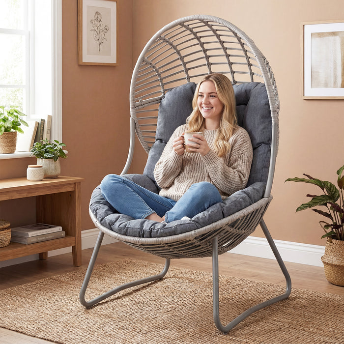 PE Wicker Egg Chair with Removable Seat and Back Cushion for Indoor Outdoor-