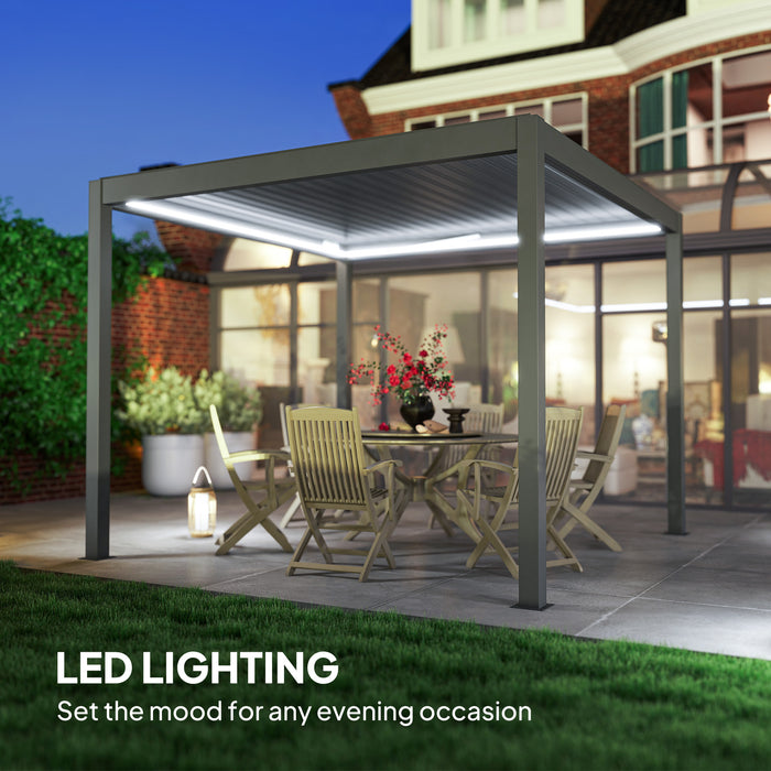 Outsunny 3 x 3(m) Electric Louvered Pergola with LED Lights, Aluminium Pergola Hardtop Gazebo with Remote, Adjustable Roof and Drainage System, Water and UV Proof