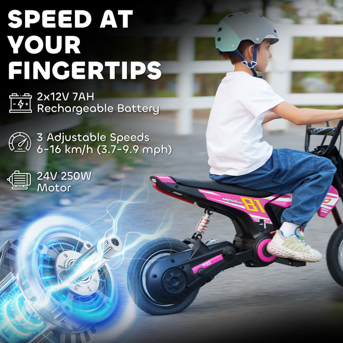 AIYAPLAY Kids Electric Motorbike, 24V Ride On Motorcycle with 3 Speeds and Rear Suspension, Dirt Bike for 8-12 Years Old, Pink