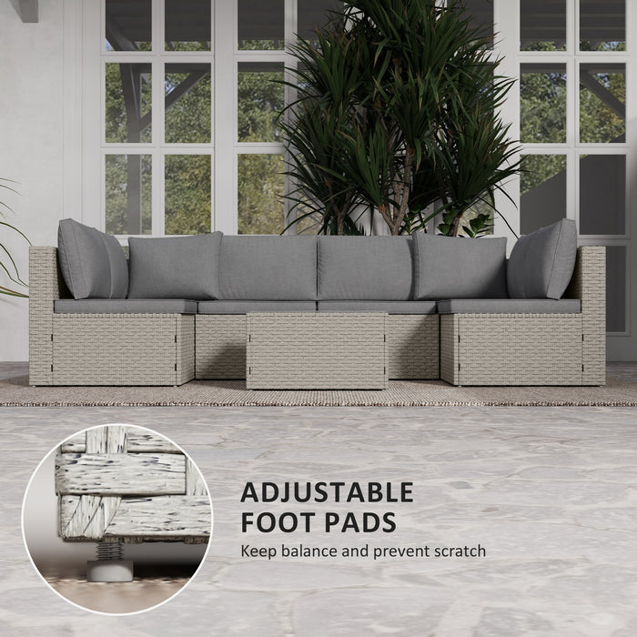 Outsunny 7 Pieces Rattan Garden Furniture Set, 6 Seater Garden Corner Sofa with Wide Seat, Cushions and Glass Top Table, Sectional Outdoor Furniture Conservatory Set for Patio, Light Brown