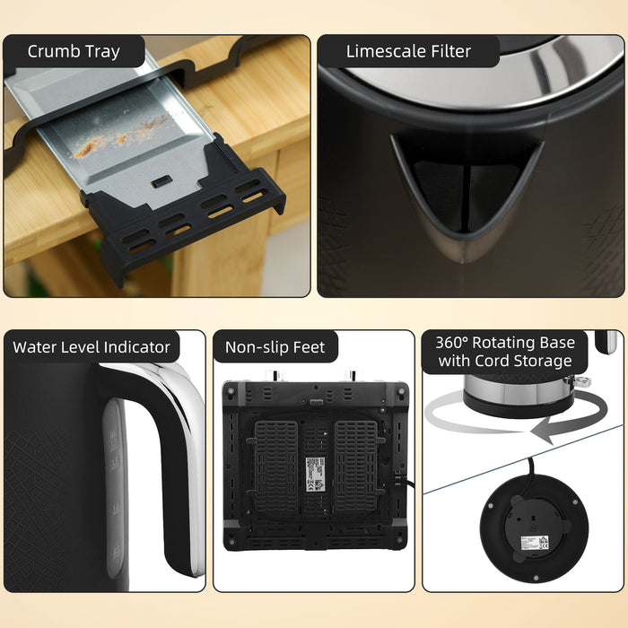 HOMCOM Sleek Textured Kettle and Four-Slice Toaster Set - Black