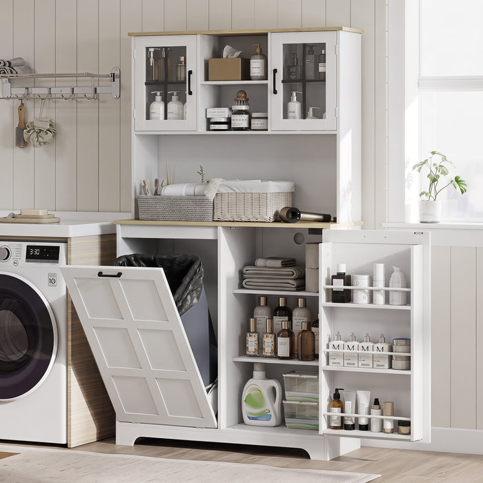 HOMCOM 175cm Tall Kitchen Cabinet, Kitchen Cupboard with Rubbish Bin Cabinet, 3 Door Shelves and 2 Acrylic Doors, White