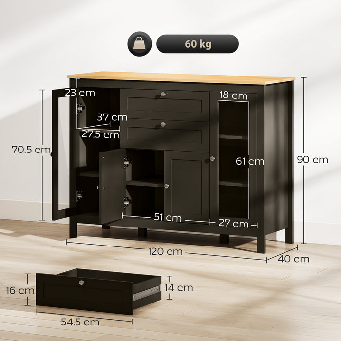 HOMCOM Modern Storage Cabinet, Sideboard with Oak Top, 4 Doors, 2 Drawers and 5 Adjustable Shelves, Black Brown