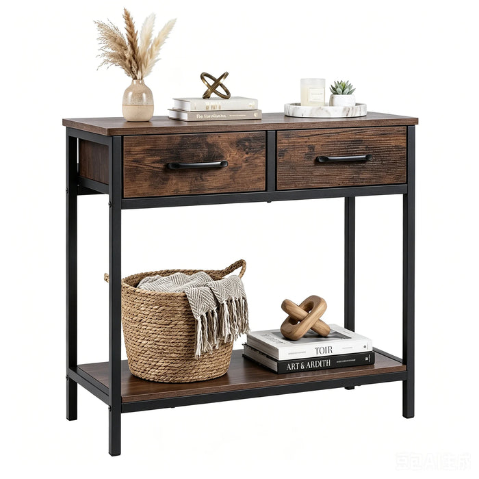 Narrow Console Table w/2 Fabric Drawers Open Compartment and Anti-Tipping Device-White
