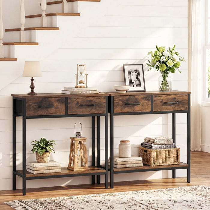 Narrow Console Table w/2 Fabric Drawers Open Compartment and Anti-Tipping Device-White