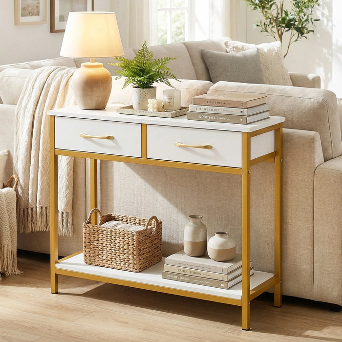 Narrow Console Table w/2 Fabric Drawers Open Compartment and Anti-Tipping Device-White