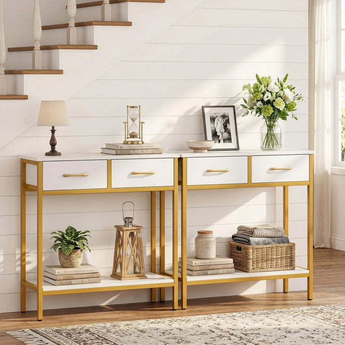 Narrow Console Table w/2 Fabric Drawers Open Compartment and Anti-Tipping Device-White