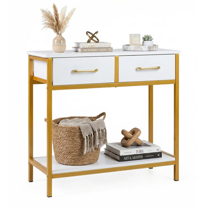 Narrow Console Table w/2 Fabric Drawers Open Compartment and Anti-Tipping Device-White