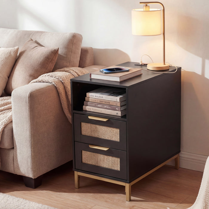 Narrow End Table with Charging Station and 2 Drawers for Bedroom-