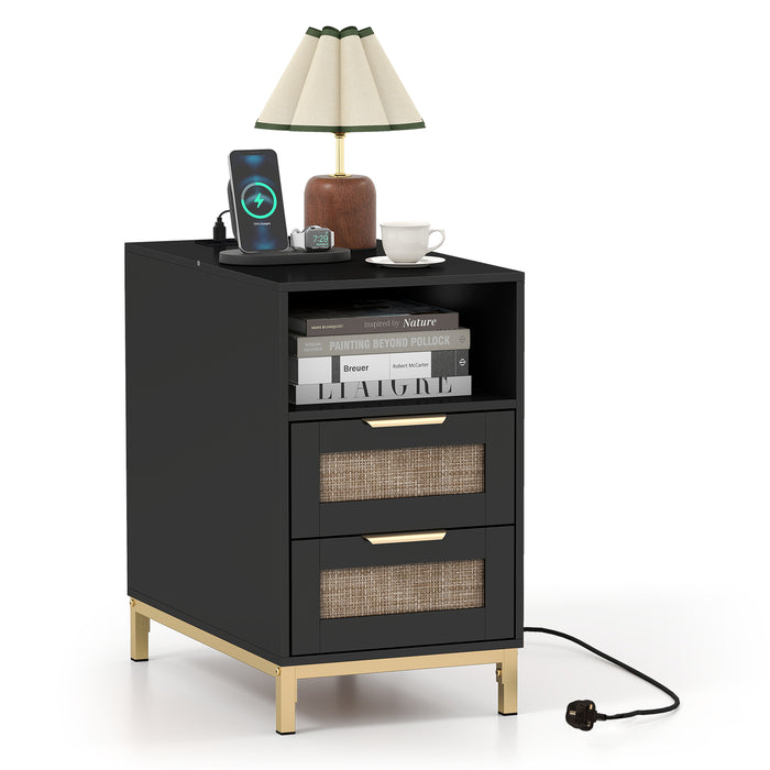 Narrow End Table with Charging Station and 2 Drawers for Bedroom-