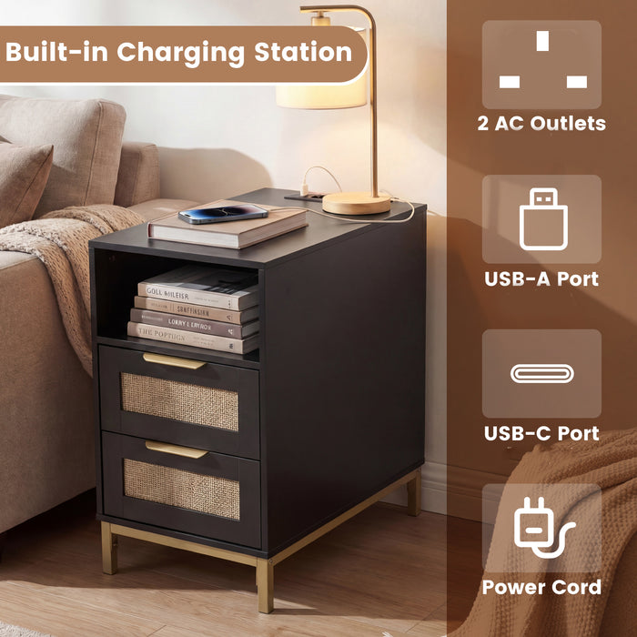 Narrow End Table with Charging Station and 2 Drawers for Bedroom-