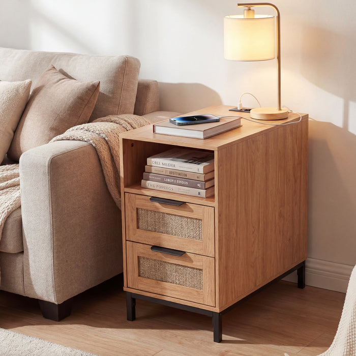 Narrow End Table with Charging Station and 2 Drawers for Bedroom-