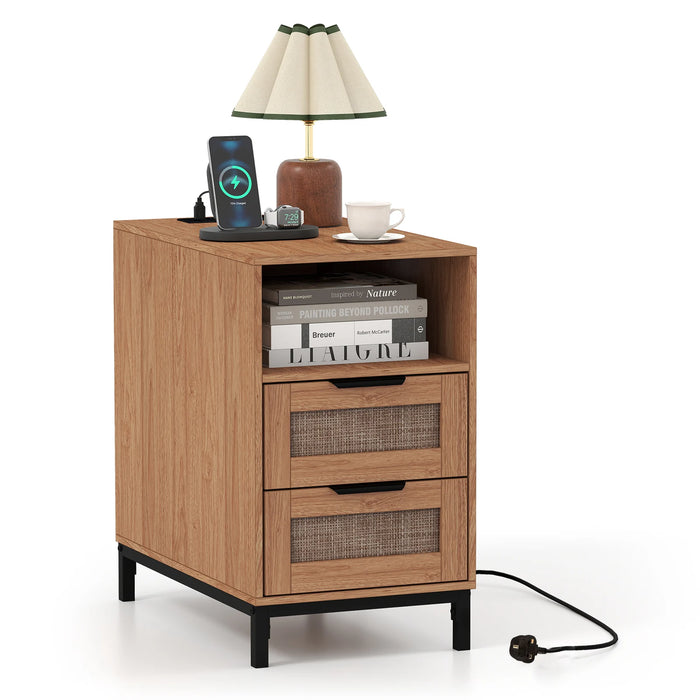 Narrow End Table with Charging Station and 2 Drawers for Bedroom-