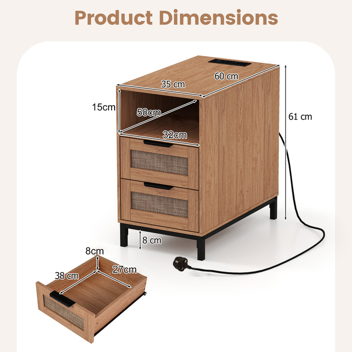 Narrow End Table with Charging Station and 2 Drawers for Bedroom-