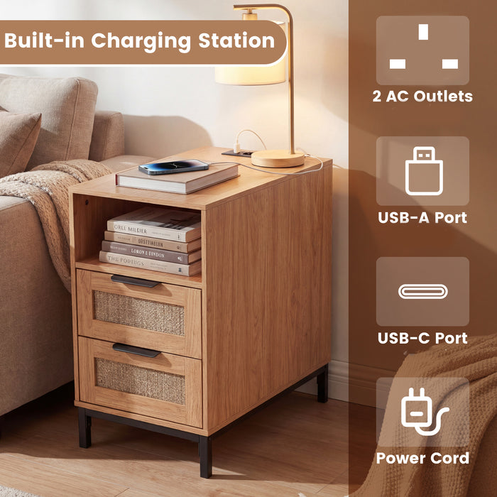 Narrow End Table with Charging Station and 2 Drawers for Bedroom-