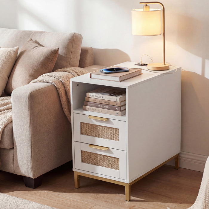 Narrow End Table with Charging Station and 2 Drawers for Bedroom-