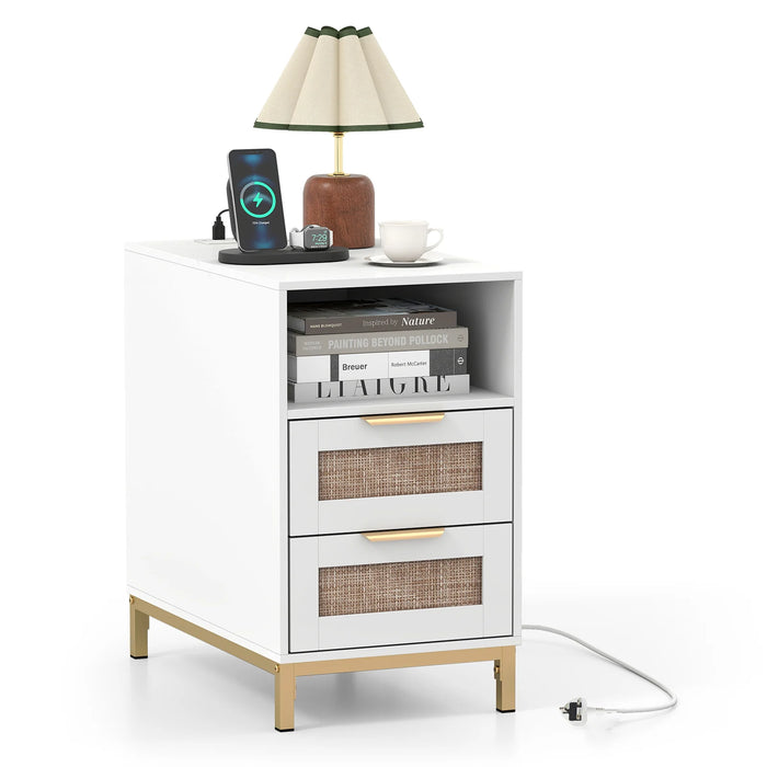 Narrow End Table with Charging Station and 2 Drawers for Bedroom-