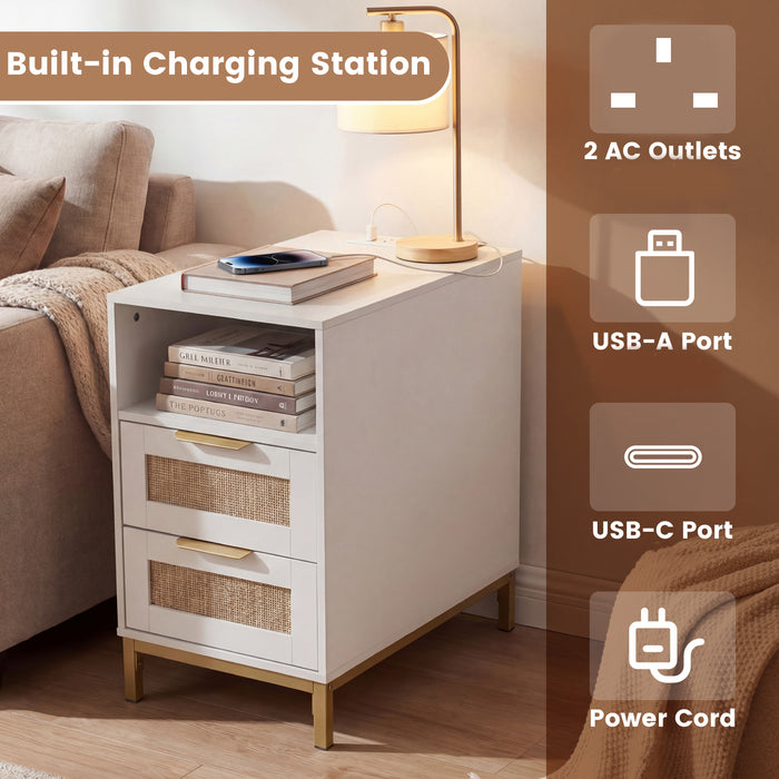 Narrow End Table with Charging Station and 2 Drawers for Bedroom-