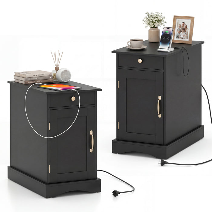Narrow Nightstand Set of 2 with Charging Station and Drawer for Living Room Bedroom-