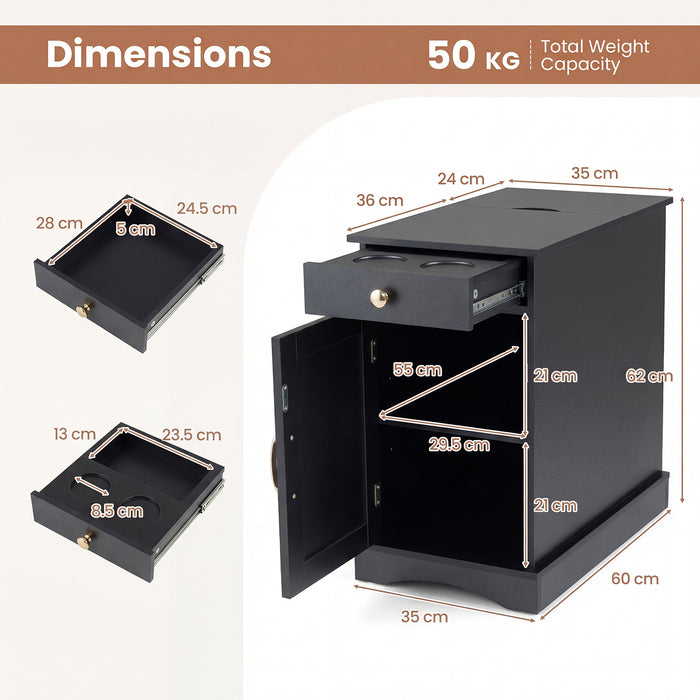 Narrow Nightstand Set of 2 with Charging Station and Drawer for Living Room Bedroom-