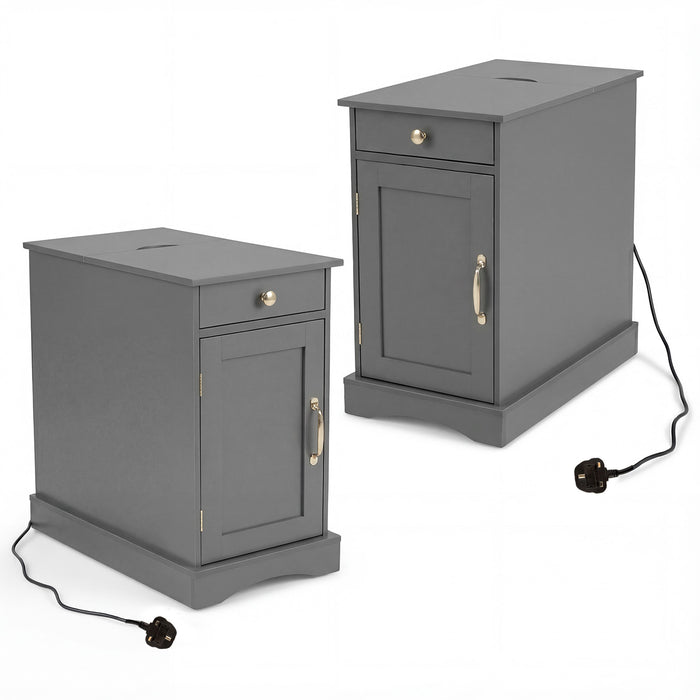 Narrow Nightstand Set of 2 with Charging Station and Drawer for Living Room Bedroom-