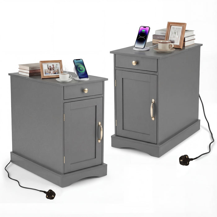 Narrow Nightstand Set of 2 with Charging Station and Drawer for Living Room Bedroom-