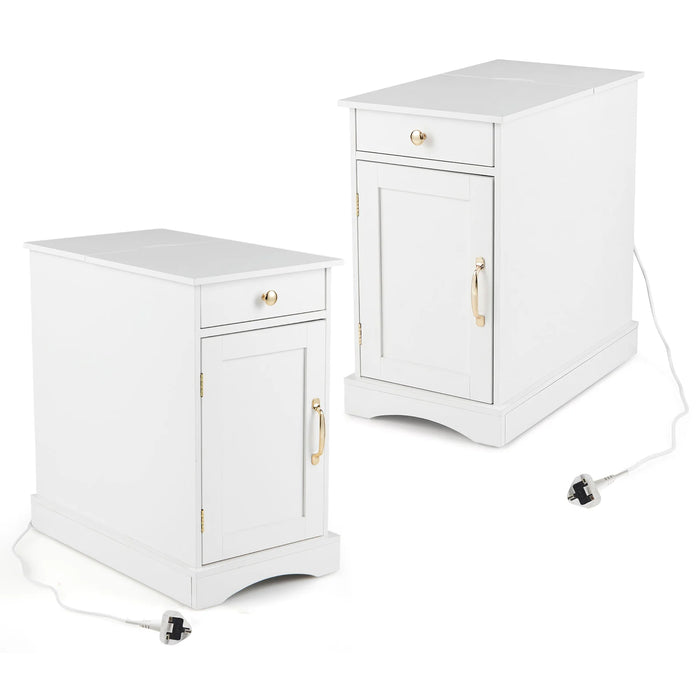 Narrow Nightstand Set of 2 with Charging Station and Drawer for Living Room Bedroom-