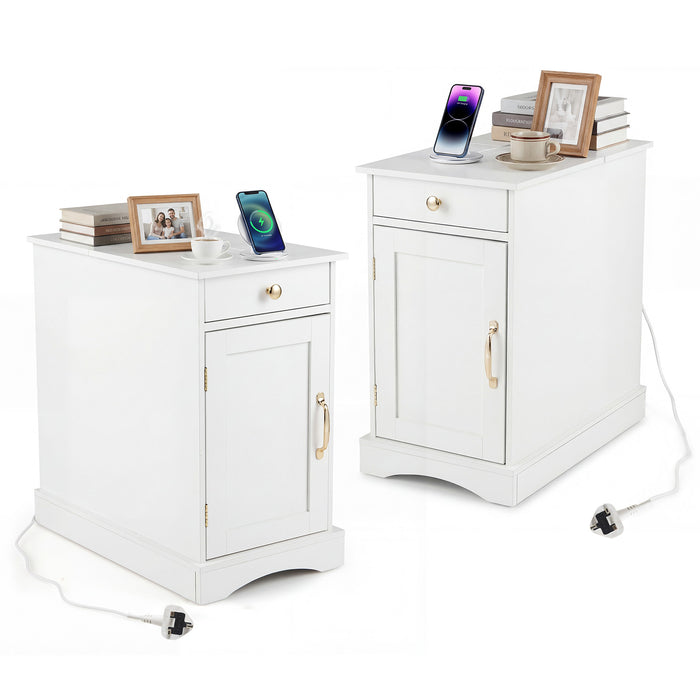 Narrow Nightstand Set of 2 with Charging Station and Drawer for Living Room Bedroom-
