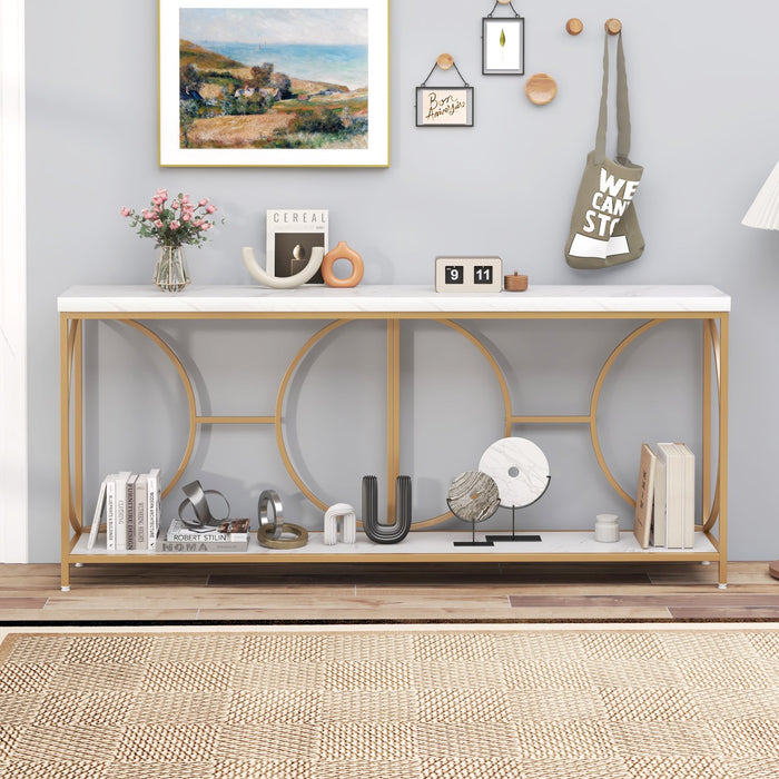 Heavy-duty 2-Tier Narrow Faux Marble Top Console Table for Entryway-White