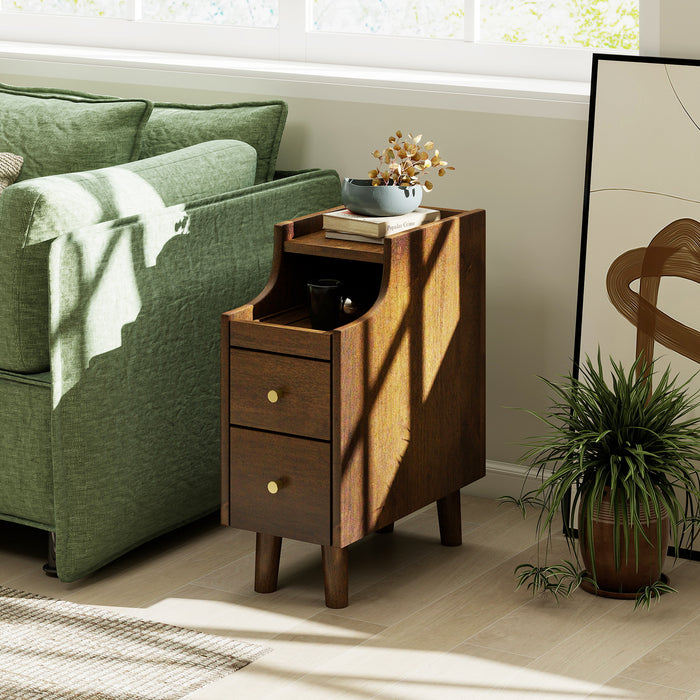 Narrow Nightstand Solid Wood End Table with Pull-out Tray 2 Storage Drawers-