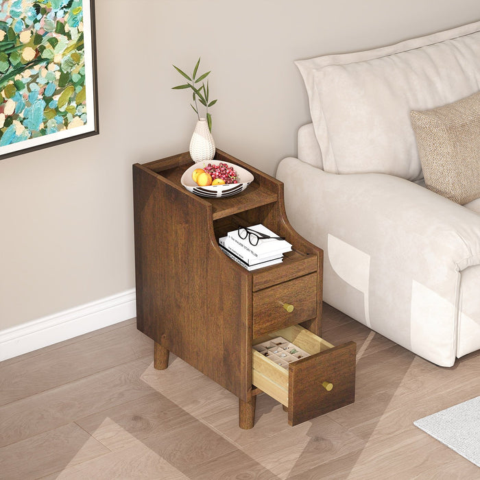 Narrow Nightstand Solid Wood End Table with Pull-out Tray 2 Storage Drawers-