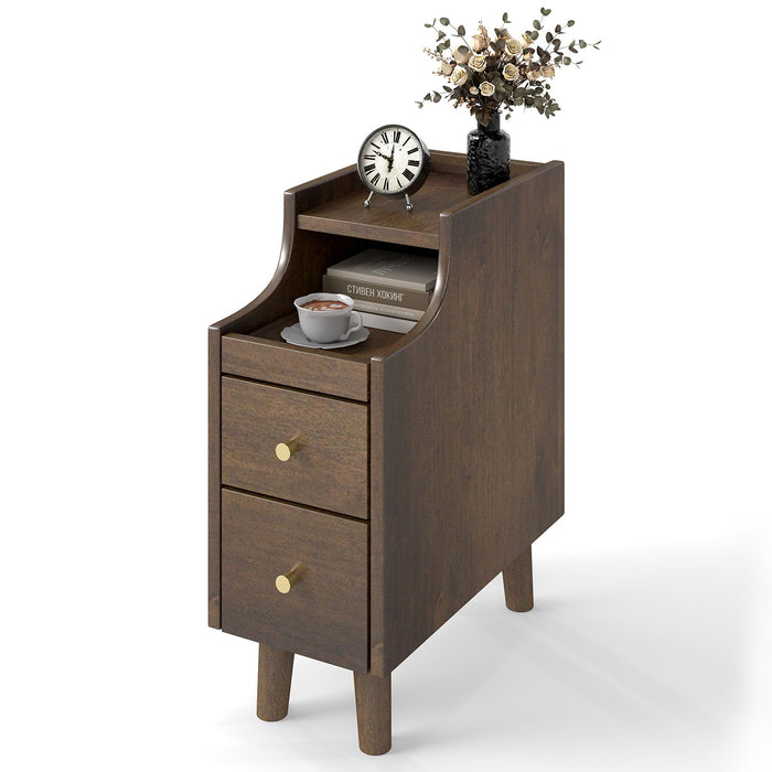 Narrow Nightstand Solid Wood End Table with Pull-out Tray 2 Storage Drawers-