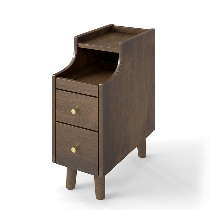 Narrow Nightstand Solid Wood End Table with Pull-out Tray 2 Storage Drawers-