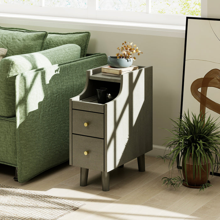 Narrow Nightstand Solid Wood End Table with Pull-out Tray 2 Storage Drawers-