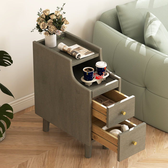 Narrow Nightstand Solid Wood End Table with Pull-out Tray 2 Storage Drawers-