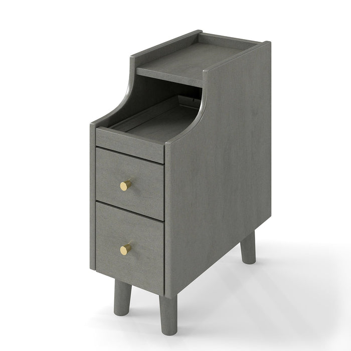 Narrow Nightstand Solid Wood End Table with Pull-out Tray 2 Storage Drawers-