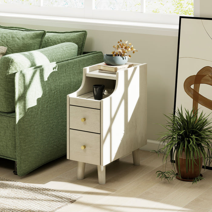 Narrow Nightstand Solid Wood End Table with Pull-out Tray 2 Storage Drawers-