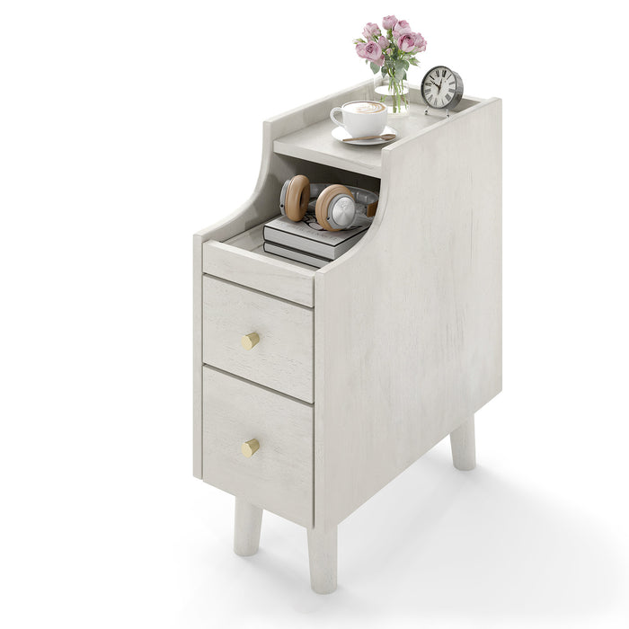 Narrow Nightstand Solid Wood End Table with Pull-out Tray 2 Storage Drawers-