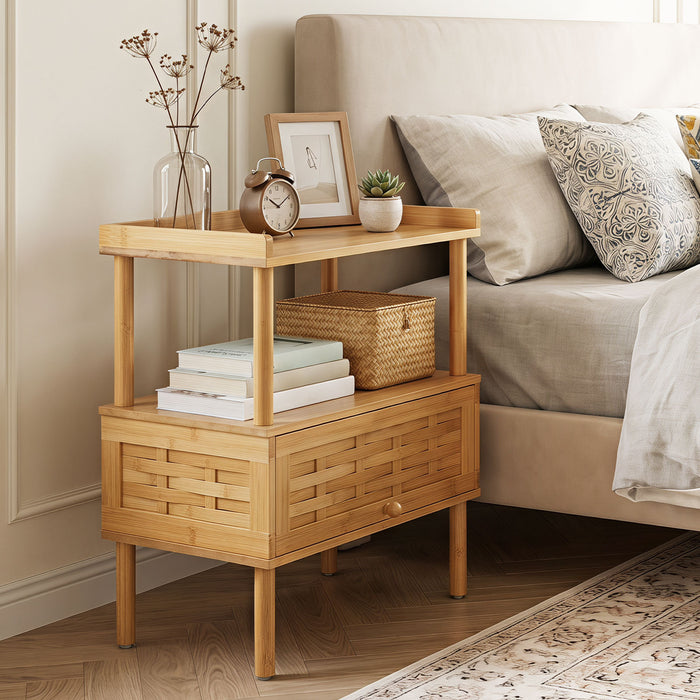 Natural Side Table with Raised Edge Flip-Up Door and Open Shelf-