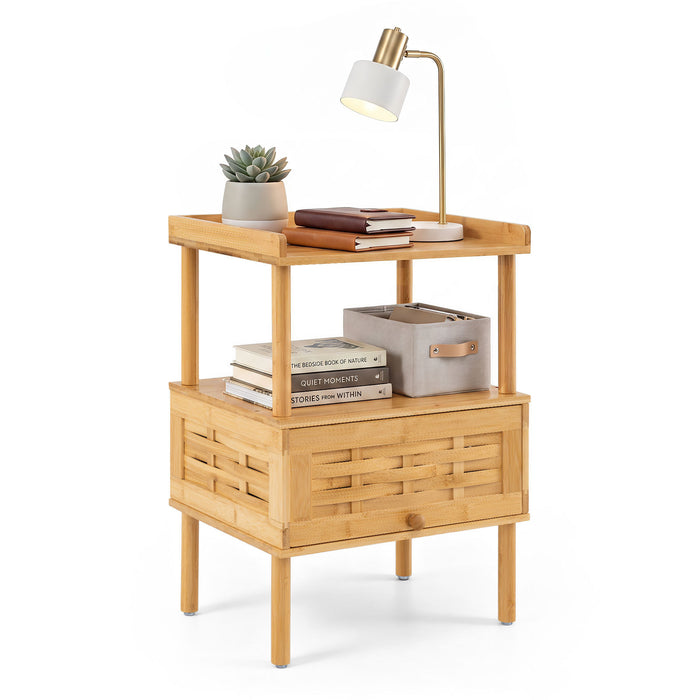 Natural Side Table with Raised Edge Flip-Up Door and Open Shelf-