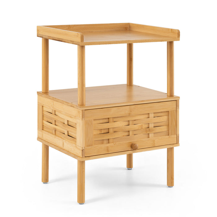 Natural Side Table with Raised Edge Flip-Up Door and Open Shelf-