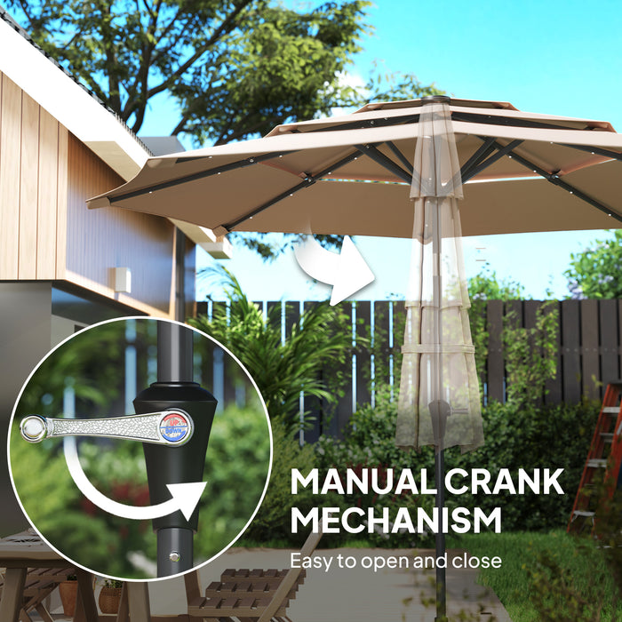Outsunny 3-Tier Garden Parasol with Solar LED Lights, UPF 30+, Tilt Mechanism & Crank Handle, for Market Terrace, Khaki