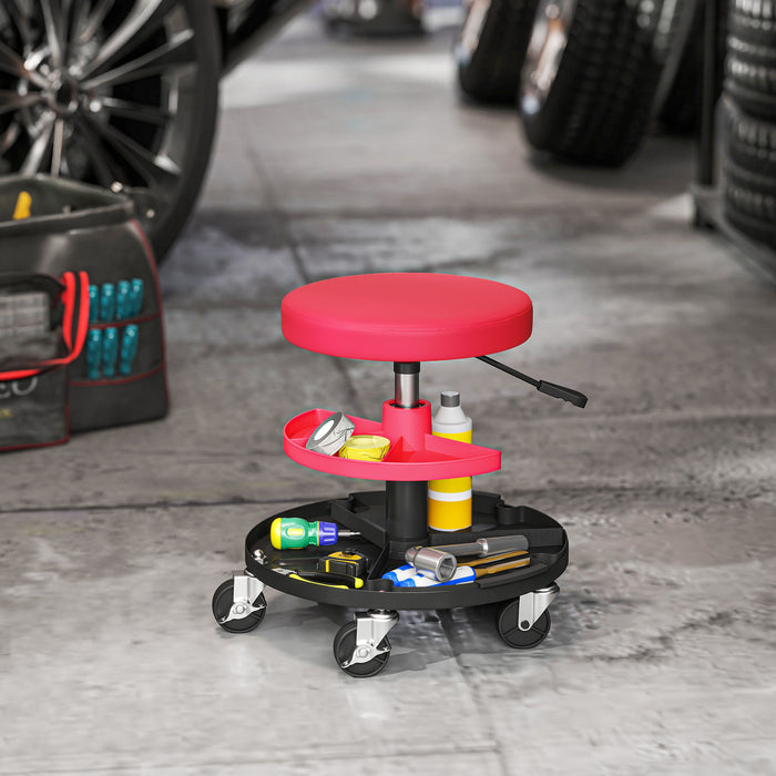 HOMCOM Rolling Mechanic Stool, 135kg Capacity Workshop Stool, 360° Swivel Roller Padded Creeper Seat with Wheels, Tool Trays Storage for Garage, Shop, Auto Repair, Red