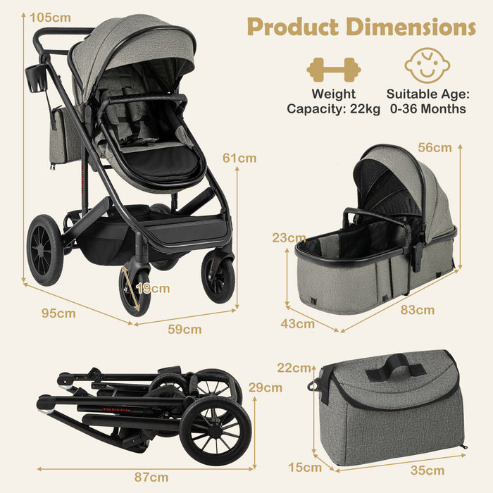 3-in-1 Newborn Stroller Folding Convertible High Landscape Toddler Stroller-